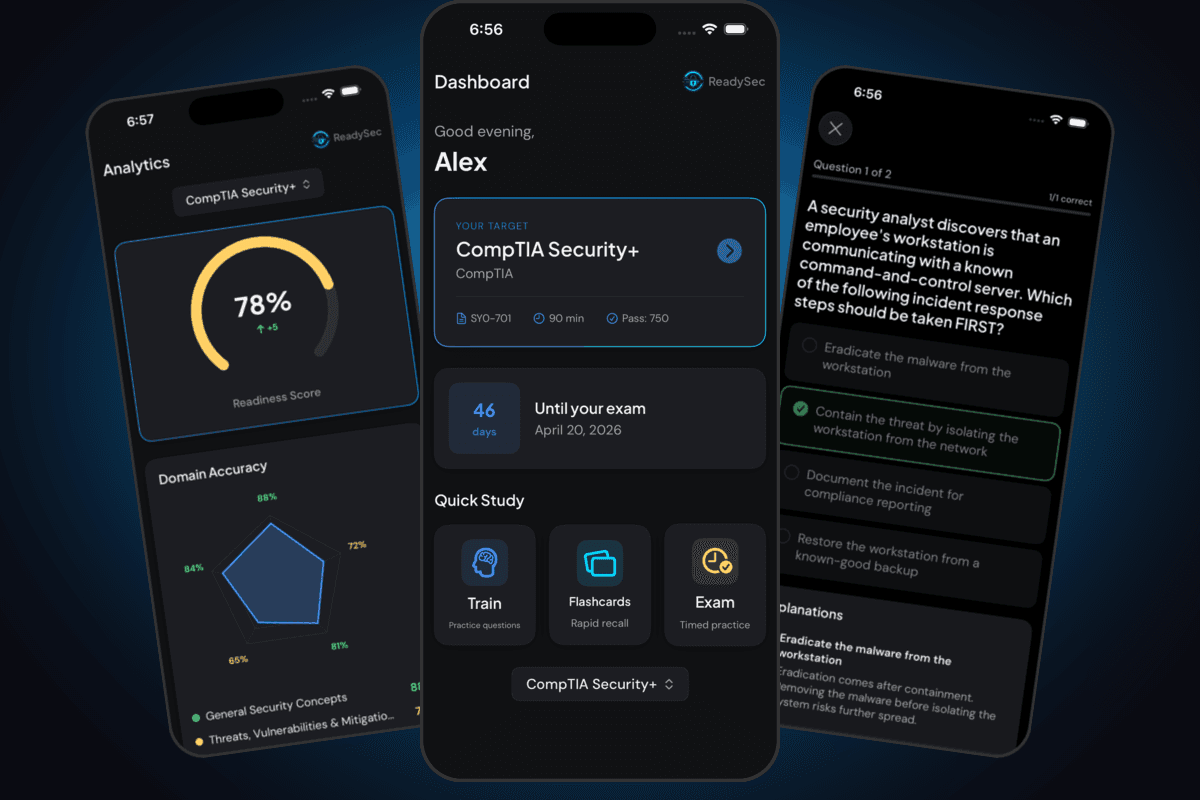 ReadySec App - Dashboard, Analytics, and Exam Explanations